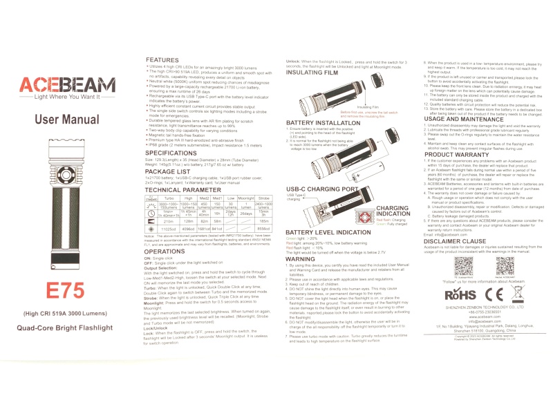 Acebeam E75 user manual