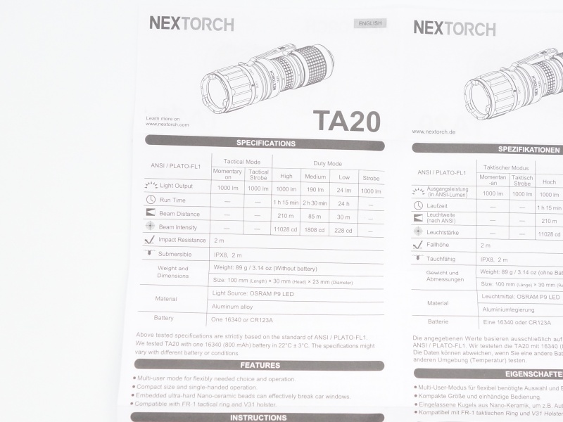 NEXTORCH TA20 user manual