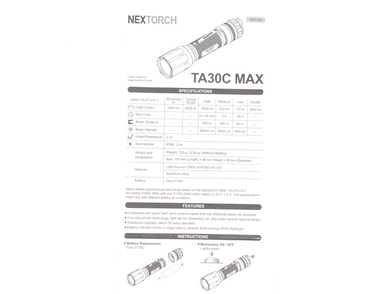 NEXTORCH TA30C MAX user manual