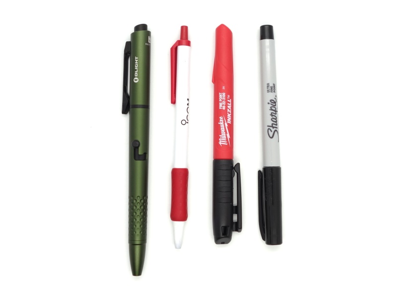 Olight O'Pen Glow, Icom pen, Milwaukee INKZALL Black Fine Point Marker, Sharpie Ultra Fine Point